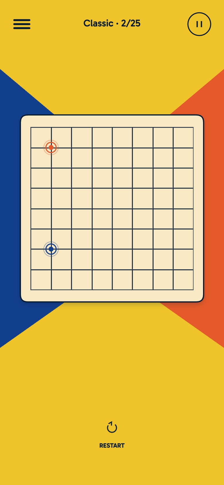 MIDPOINT Classic gameplay before a tap, with both anchors visible on the board.